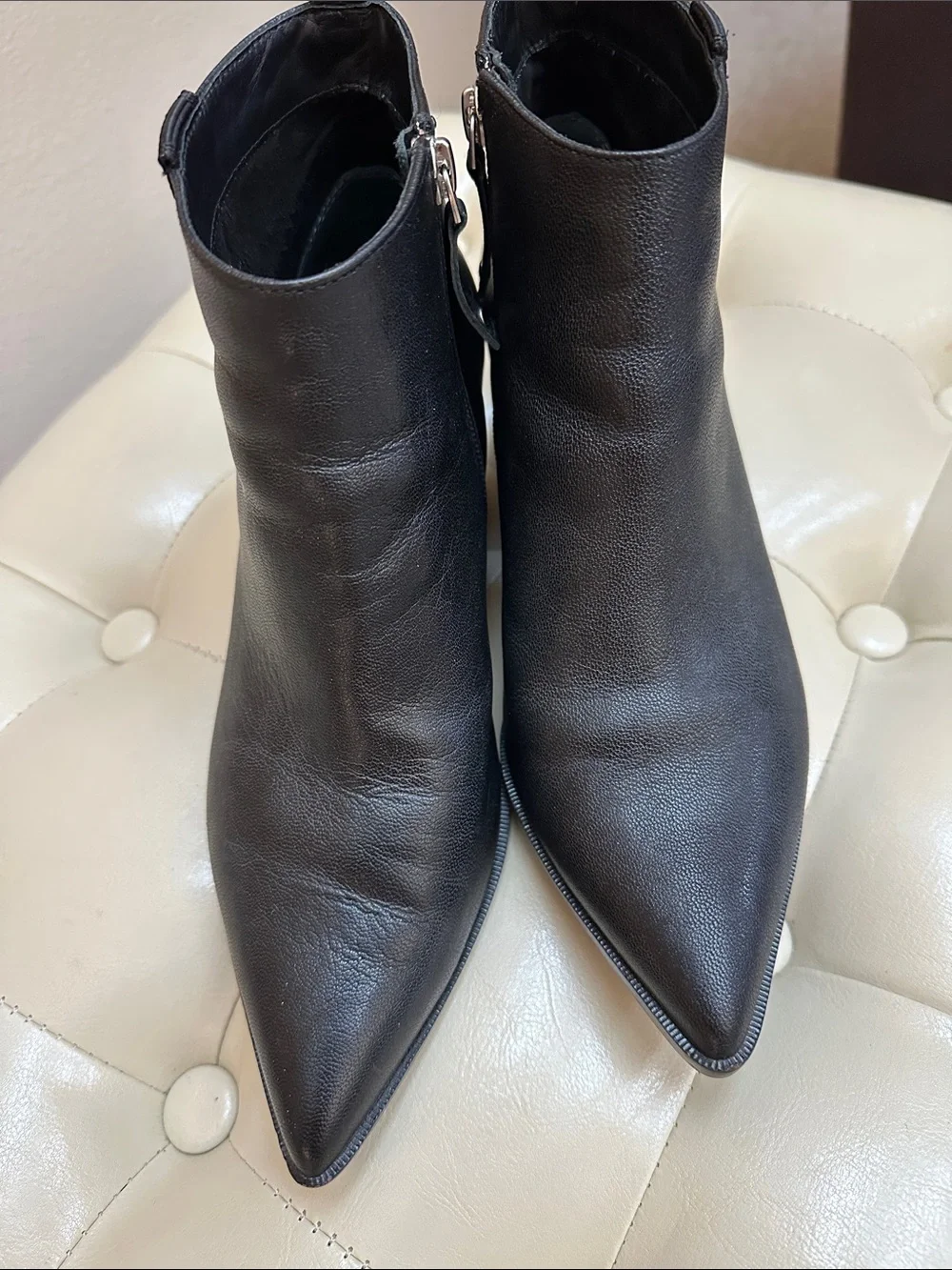 Paolo Black Leather Ankle Booties, Block heel
